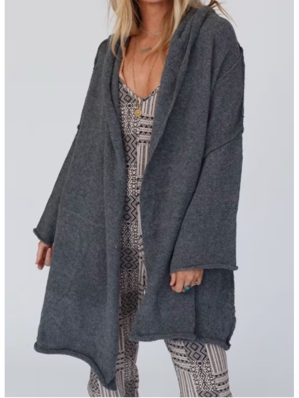 Davi & Dani Gray Hooded Cardigan Sweater Medium Open Front Oversized Boho Duster